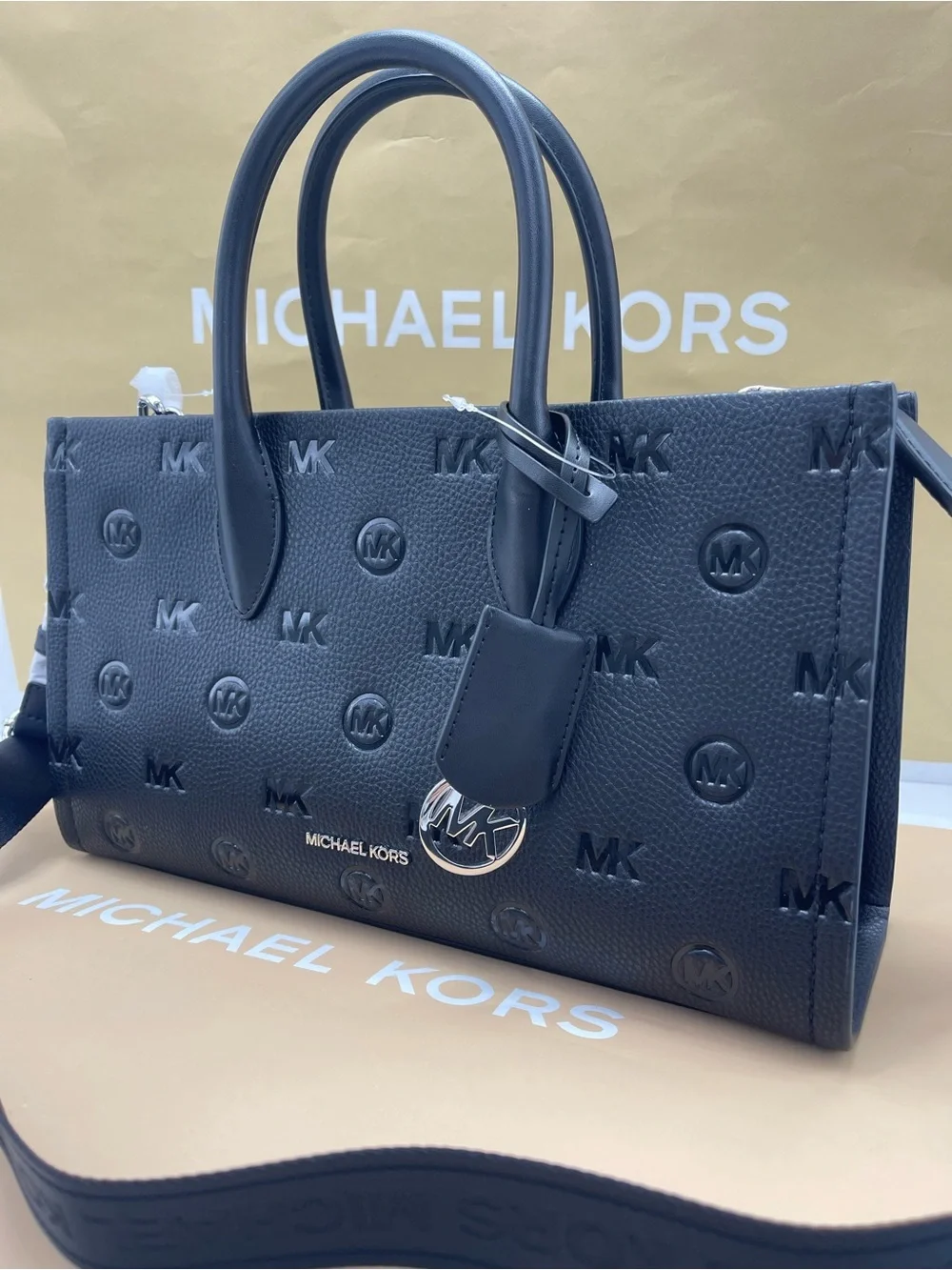 MICHAEL KORS Mirella Md Logo Debossed Satchel Shoulder Tote Crossbody Black NWT
